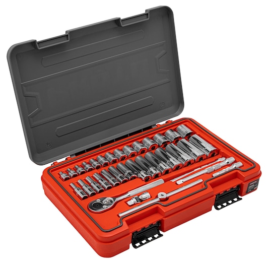 PROTO J52134S socket and ratchet set in a red case, photographed from front angle on white background.