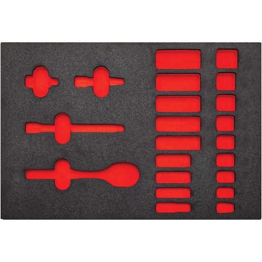 PROTO J52136F tool organizer foam insert with red and black cutouts, photographed from top on white background.