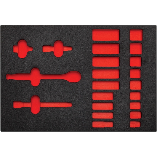 PROTO J52136HTCF tool foam organizer tray, black foam with red cutouts, top-down view.