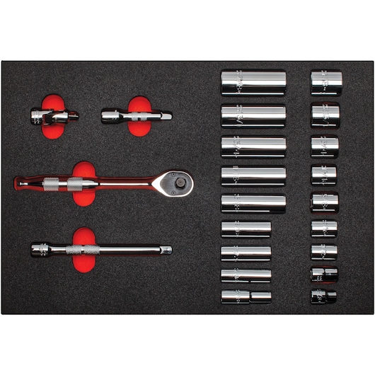 PROTO J52136HTCK 3/8-inch drive socket and ratchet set in foam tray, top-down view, chrome finish sockets and tools.