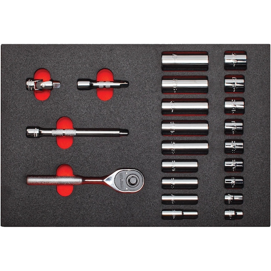 PROTO J52136K socket and ratchet set in foam tray, chrome finish, overhead angle photography.