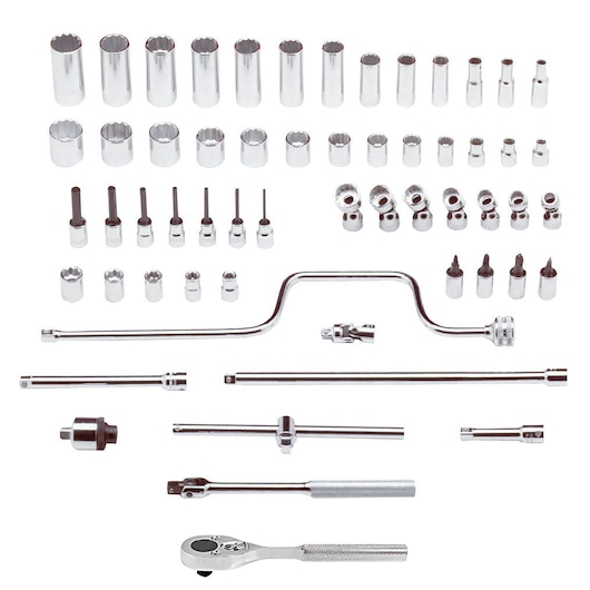 PROTO J52142 mechanic tool set with multiple chrome sockets, ratchet, extensions, and hex bits laid out on white background.