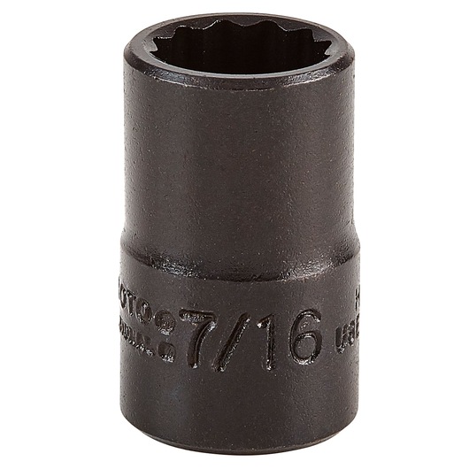 PROTO J5214B black 7/16 inch impact socket front angle on white background.