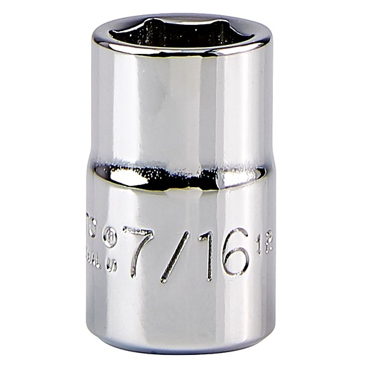 Photo of PROTO J5214H chrome socket, 7/16 inch, front angle, white background.
