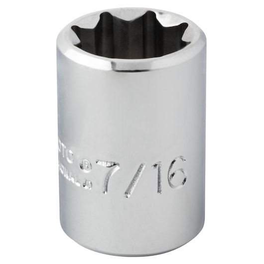 PROTO J5214S chrome 7/16 inch socket, twelve-point design, shown upright on white background.