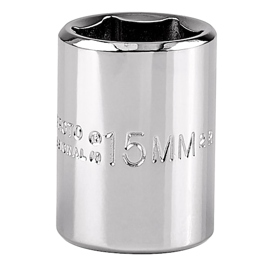 PROTO J5215MH chrome 15mm socket, side angle, on white background.