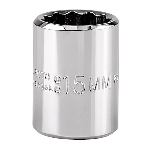 Photo of PROTO J5215M chrome 15mm socket, front angle, on white background.