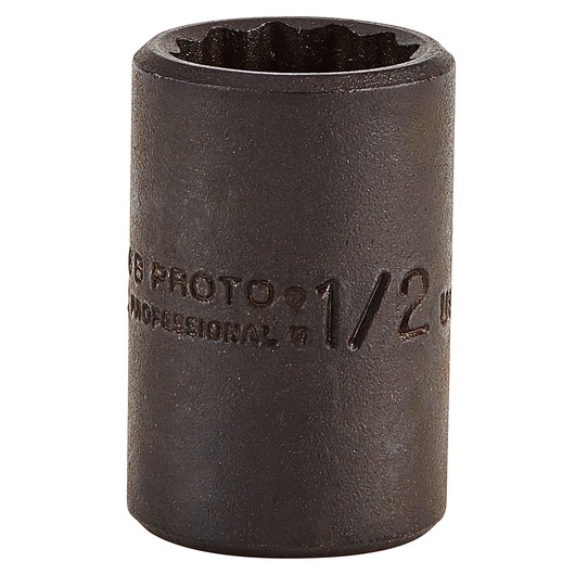 PROTO J5216B black impact socket, half inch size, front angle on white background.