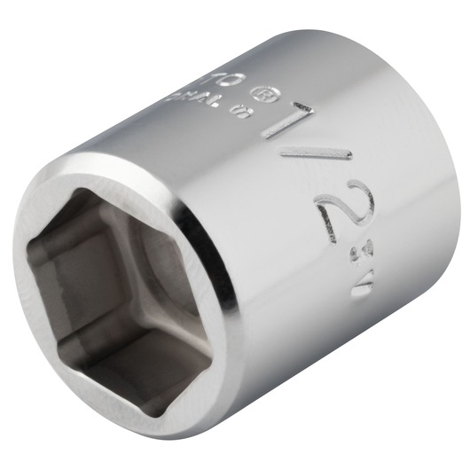PROTO J5216HS chrome socket, six-point, engraved size 1/2 inch, close-up angle on white background.