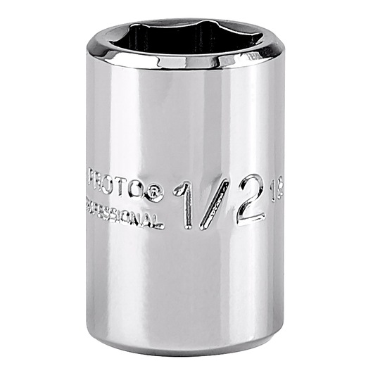 PROTO chrome socket, J5216H, front angle, 1/2 inch size embossed, professional tool photography.