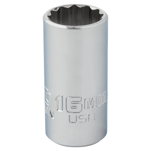 PROTO J5216MN chrome 16mm socket, close-up angle on white background, metric hand tool.