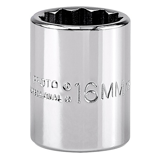 PROTO J5216M chrome 16mm socket, product photography on white background, front angle.