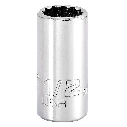 Photo of PROTO J5216N chrome deep socket, 1/2 inch size, twelve-point design, standing upright on white background.
