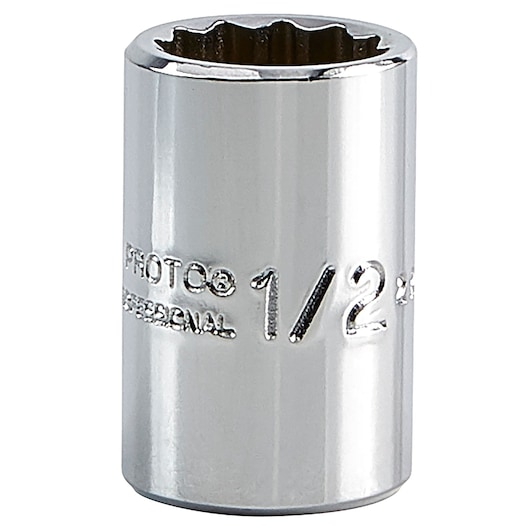 PROTO chrome socket J5216, 1/2 inch, twelve-point, close-up on white background.