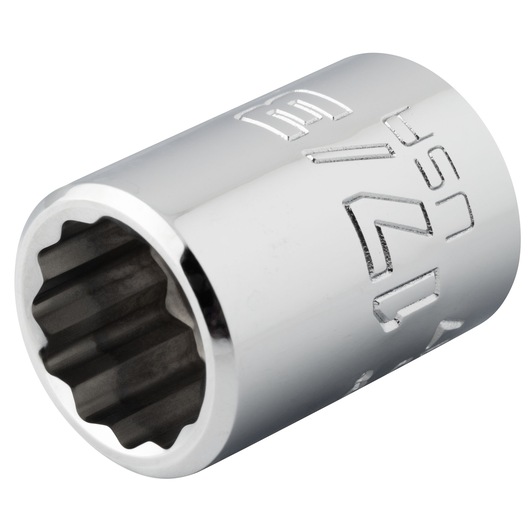PROTO J5217 chrome 12-point socket, close-up angle on white background, shows engraved size markings.