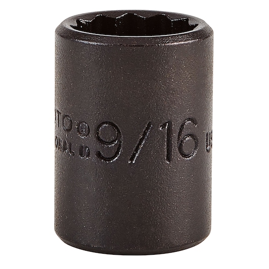 PROTO J5218B black 9/16 inch impact socket, cylindrical shape, front angle, white background.