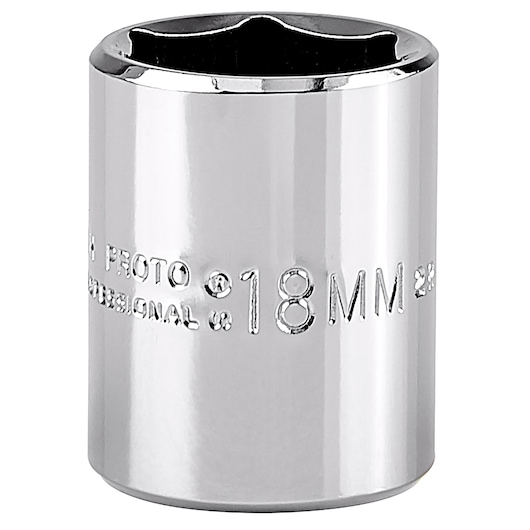 PROTO J5218MH chrome 18mm socket, cylindrical, close-up on white background.