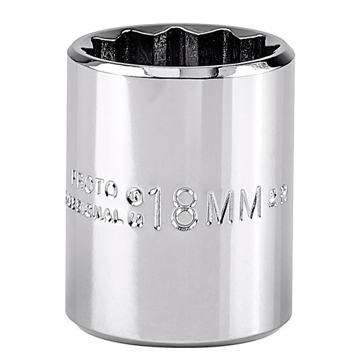PROTO J5218M chrome 18mm socket, product photo, white background, tool photography