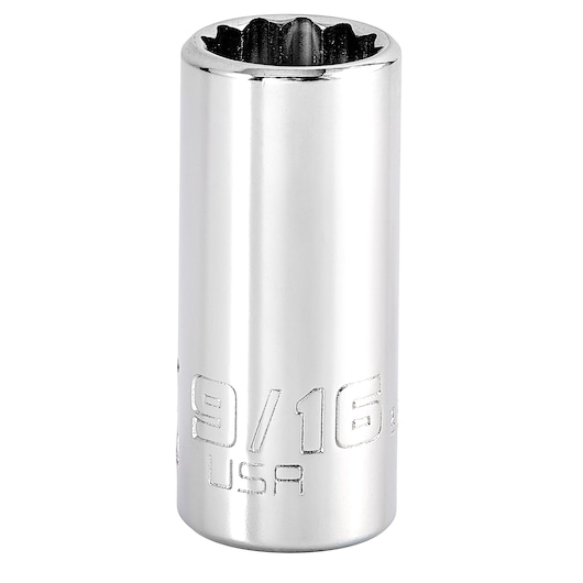 PROTO J5218N chrome 9/16-inch 12-point deep socket, product photo on white background.