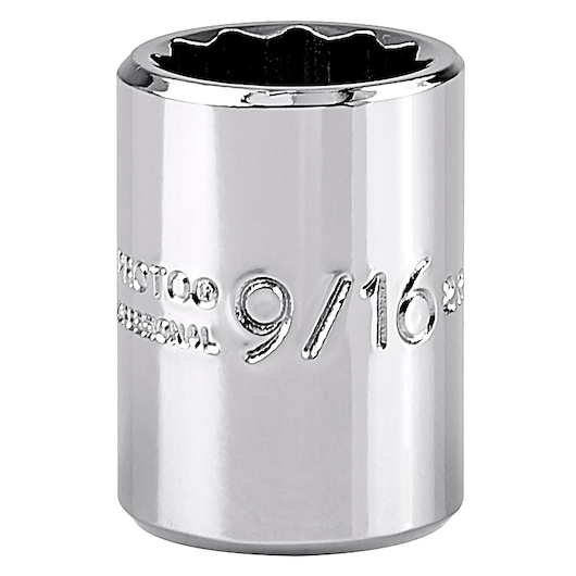 PROTO J5218 chrome 9/16 inch socket, front angle, white background.
