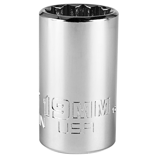 PROTO J5219MN chrome 19mm socket, front angle, with engraved sizing and USA marking.