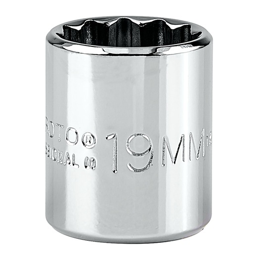 PROTO J5219M chrome 19mm socket, twelve-point, photo of front angle on white background.