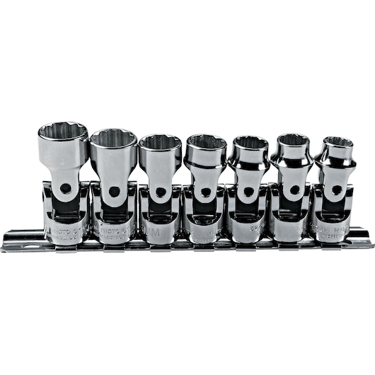 PROTO J52200 chrome socket universal joint set with eight pieces on rail, front angle, white background.