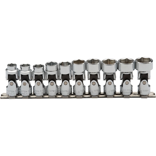 PROTO J52201 chrome socket set with universal joints, 10-piece organized on rail, front view, white background.
