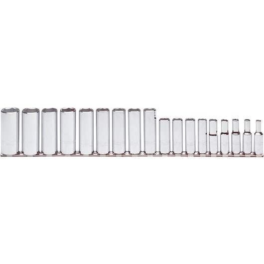PROTO J52203 chrome socket set, 22-piece, deep well sockets arranged in a row, front angle on white background.