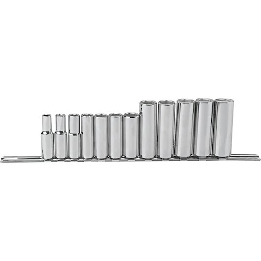 PROTO J52205 chrome socket set on rail, front view, assorted sizes arranged left to right on white background.