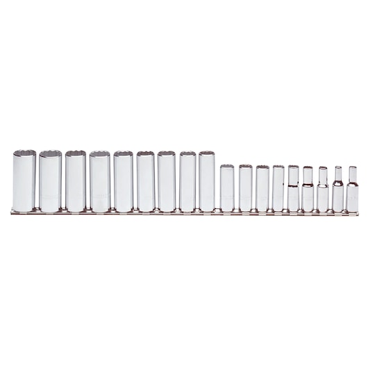 PROTO J52207 chrome socket set arranged in a row, viewed from the front on white background.
