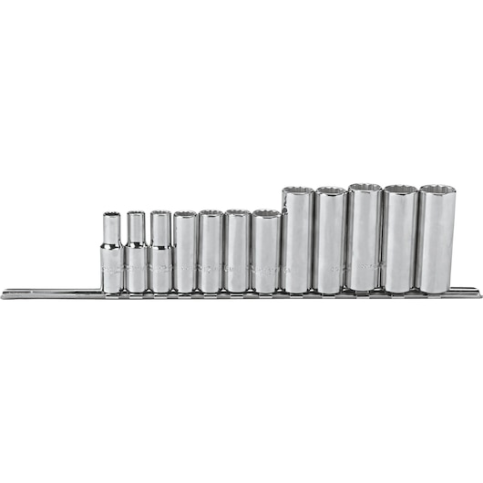 PROTO J52209 chrome socket set arranged in size order on a metal rail, photographed on a white background.
