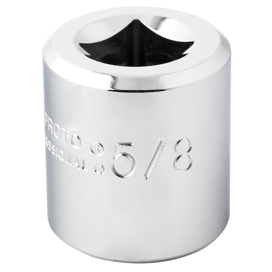 PROTO J5220HS chrome 5/8 inch socket, close-up angle on white background, engraved size details visible.