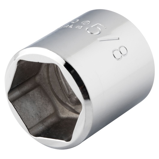 PROTO J5220HS chrome 5/8 inch socket, six-point design, close-up angled on white background.