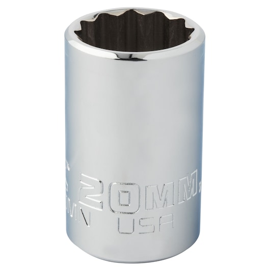 Photo of PROTO J5220MN chrome 20mm socket, close-up, showing engraved markings, on white background.