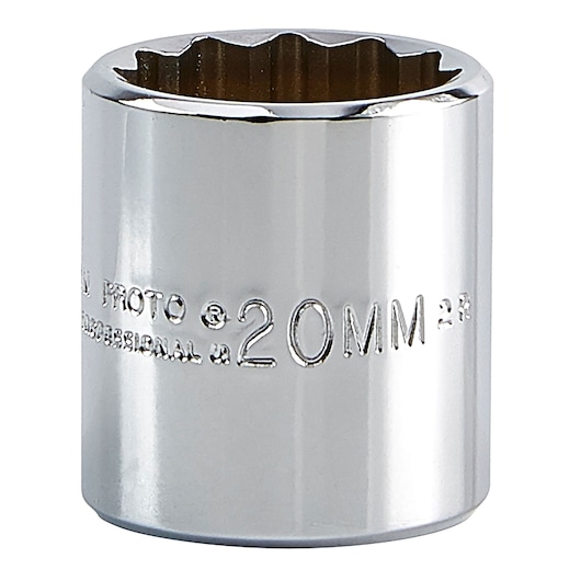 PROTO 20mm chrome socket, SKU J5220M, shown upright on white background, knurled edge and etched marking visible.
