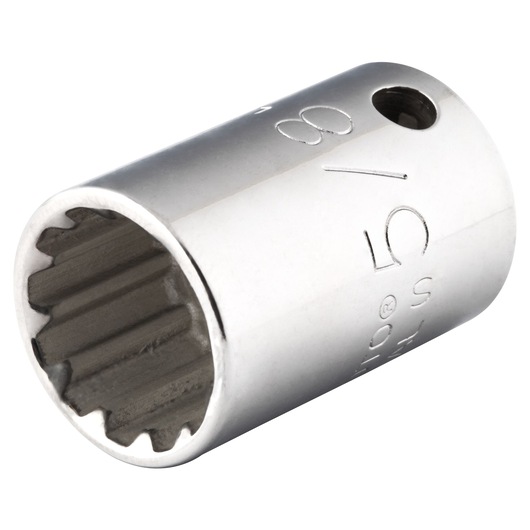 PROTO J5220SPL polished chrome spline socket, side angle showing internal grooves and etched size marking.