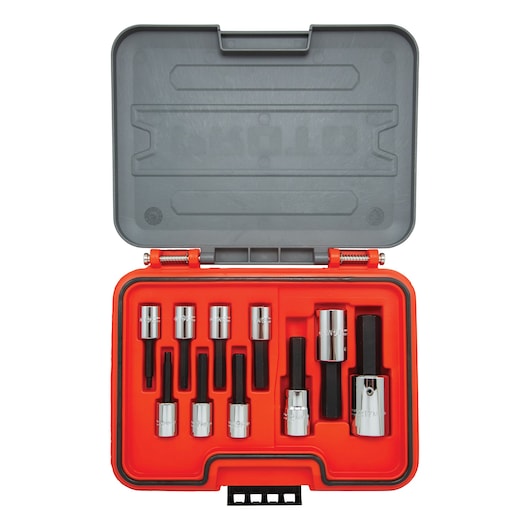PROTO J52210H hex bit socket set in red and gray case, eleven pieces in molded tray, top view.