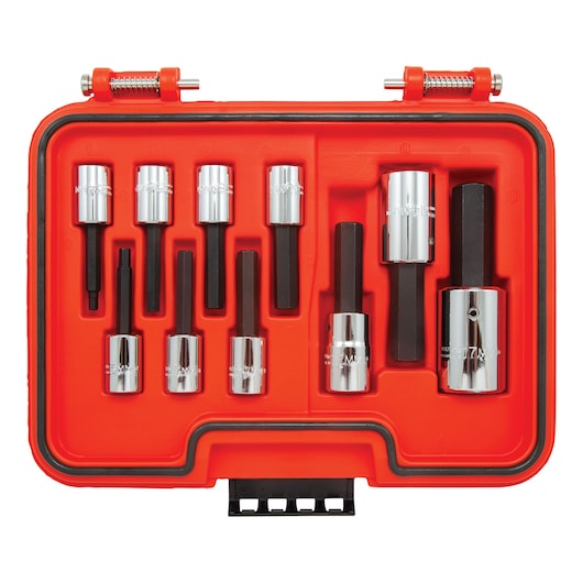 PROTO J52210H hex bit socket set in a red plastic case, top view showing 10 chrome and black pieces neatly arranged.