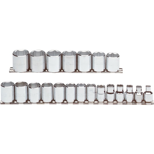 PROTO J52211 chrome socket set arranged in two rows, side view, on white background.