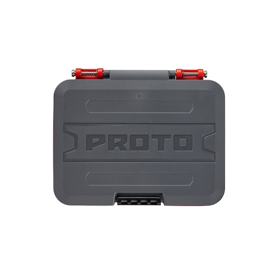 PROTO J52121S gray plastic tool case with red hinges, top angle on white background.