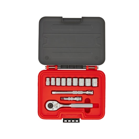 PROTO J52121S socket set with ratchet and extensions in red and black case, top view on white background.
