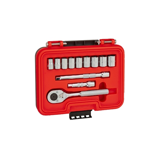 PROTO J52121S socket set in red hard case, top angle on white background showing ratchet and various sockets.