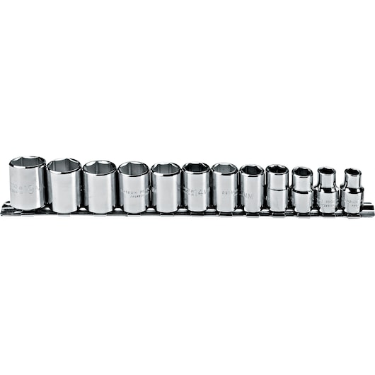 PROTO J52212 chrome socket set with metric sizes, neatly arranged on a rail, front view on white background.