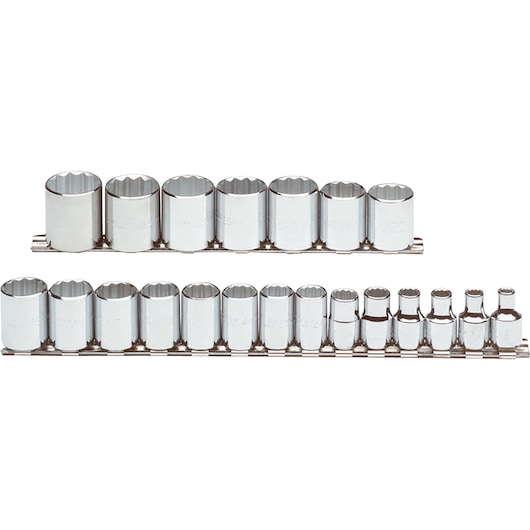 PROTO J52215 chrome socket set with 18 pieces on metal rails, studio white background, product photography.