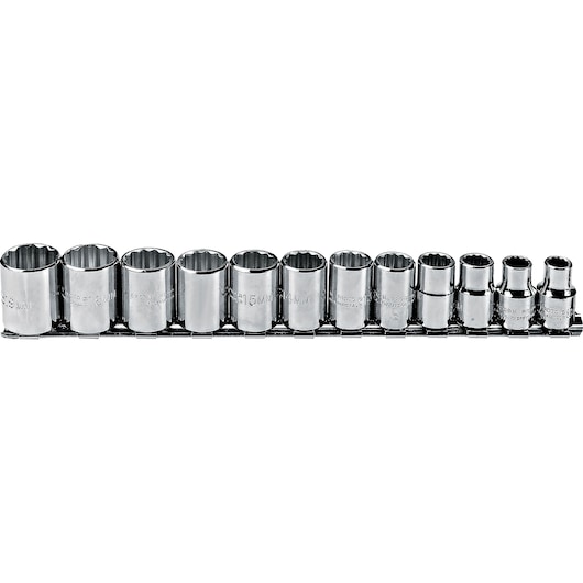 PROTO J52216 13-piece chrome socket set arranged on rail, photography on white background, product front angle.