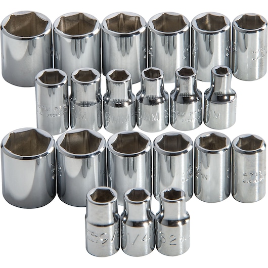 PROTO J52219 socket set, 6-point chrome sockets in various sizes, arranged upright, white background.