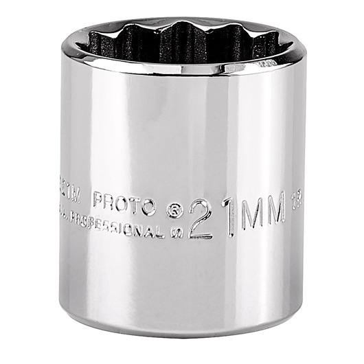 PROTO J5221M chrome socket, 21mm size, close-up photo on white background.