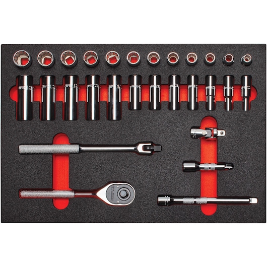 PROTO J52222K socket and ratchet set with various sockets, ratchets, and extensions organized in foam tray, top view.