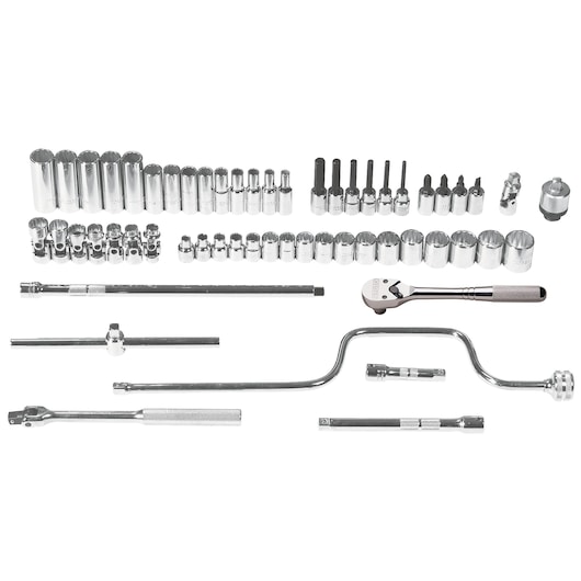 PROTO J52228 socket and ratchet set, multiple chrome sockets and accessories, top view, on white background.